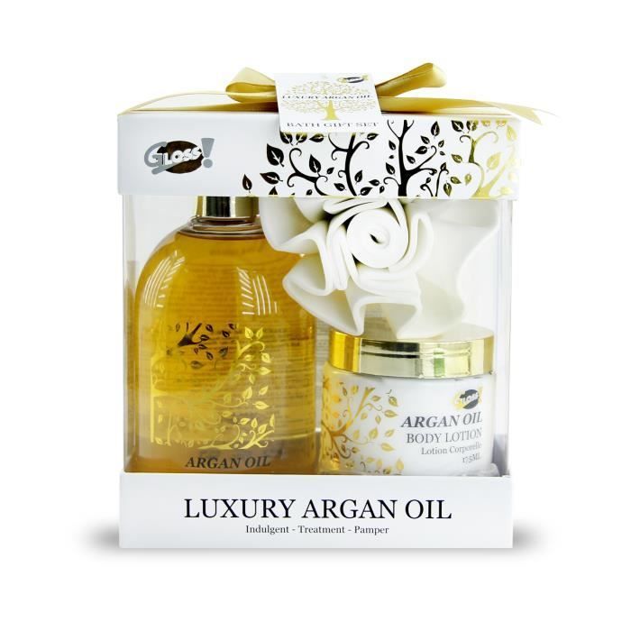Set regalo per il bagno - Naturale - Olio di Argan - Gel doccia 500 ml - Lozione 200 ml - 1 spugna in EVA