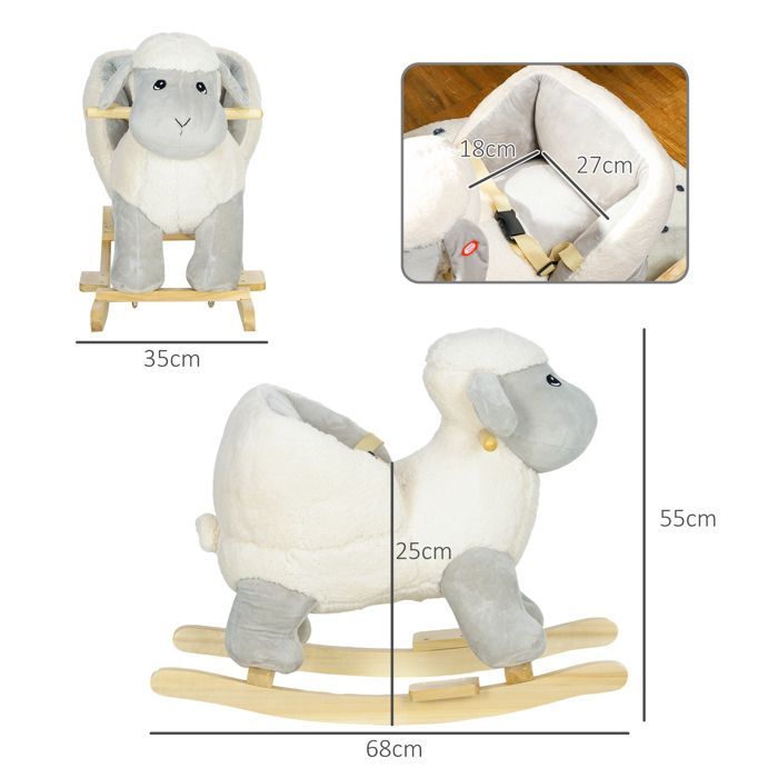 10057 Caballito balancín infantil, juguete de peluche con forma de cordero, con efectos de sonido, 68 x 35 x 55 cm, gris