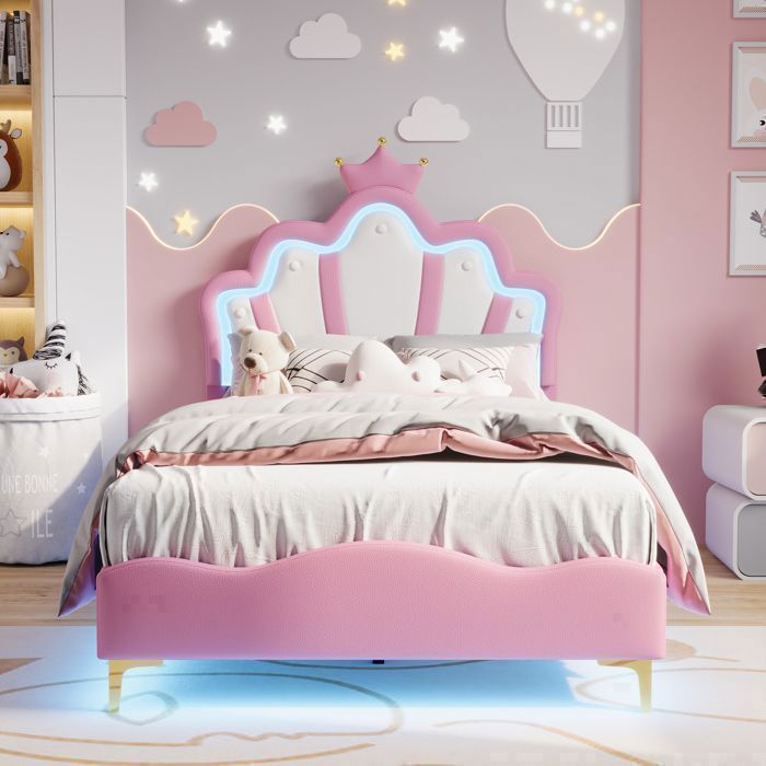 Letto per bambini - EIFSON - Letto da principessa 90x200 cm - Testiera regolabile - LED integrato - Rosa