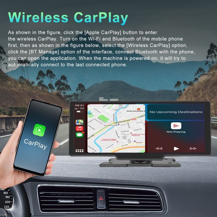 Autoradio da 10,26 pollici con telecamera posteriore, supporto wireless per cruscotto, CarPlay e stereo per Android Auto, Bluetooth