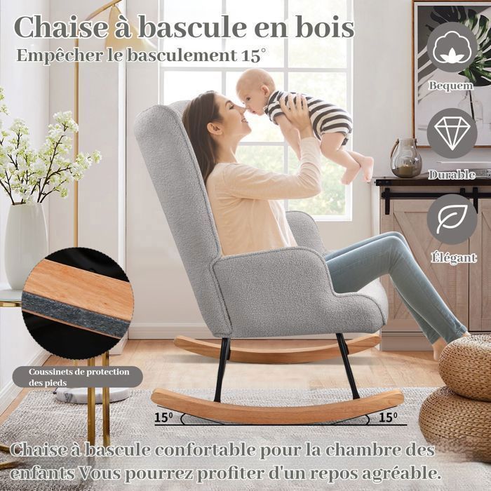 Fauteuil à Bascule - LUMINARIX - Gris - Scandinave - Pieds en Métal et Bois Massif - 1 Place