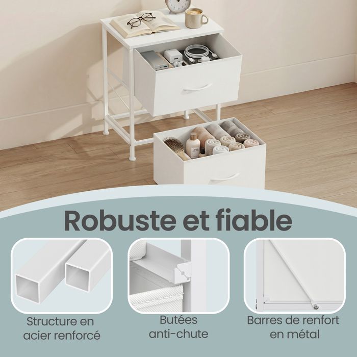 Table de Chevet avec 2 Tiroirs, Lot de 2, pour Chambre, Blanc