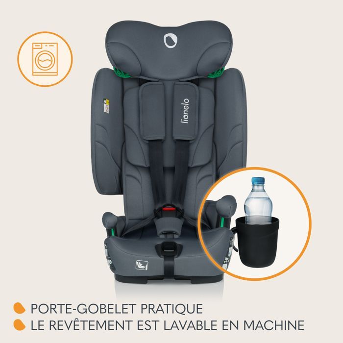 Seggiolino auto LIONELO Nelly i-Size 76-150 cm - ISOFIX - Pieghevole - Portabicchieri - Gruppo 1/2/3 - Grigio