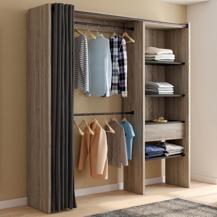 IDMARKET MARTY Extendable Wardrobe 120/170 x 50 x 180 cm Beech with Shelves + Double Hanging Rail + Black Curtain