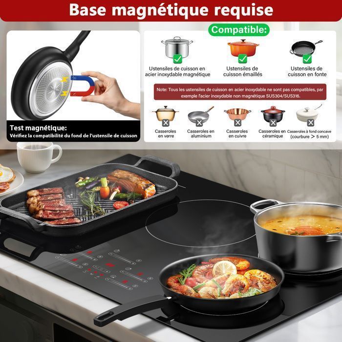 Plaque induction,Table de Cuisson Encastrable,5 Zone Flexible,9 niveaux de chauffage,Boost,Minuterie, Arrêt automatique, 9700W, 77CM