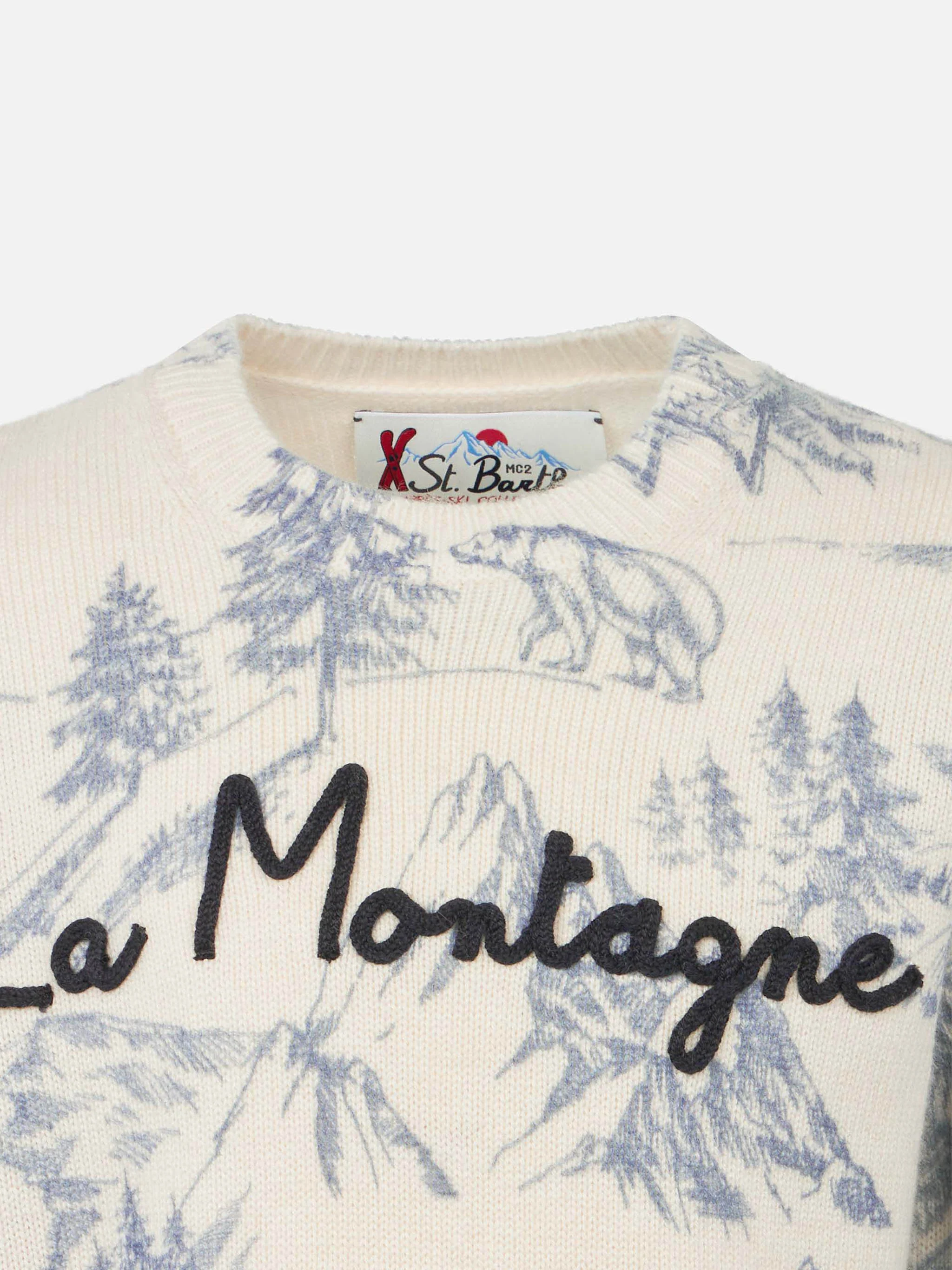Maglione da bambino toile de jouy girocollo con ricamo La Montagne