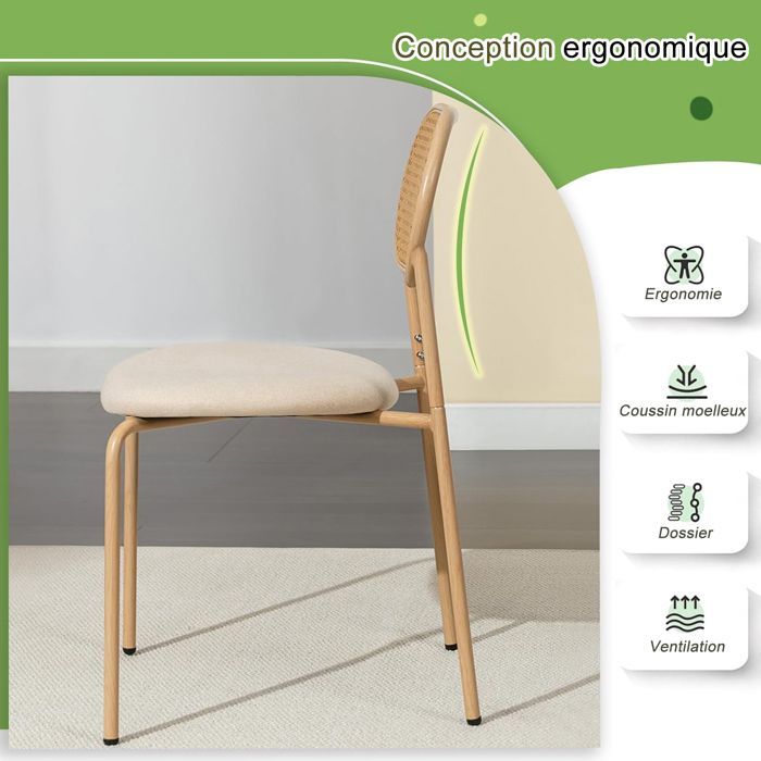Set of 2 Wooden Dining Chairs, Metal Legs, Kitchen Chairs with Rattan Backrest, Ergonomic, for Living Room