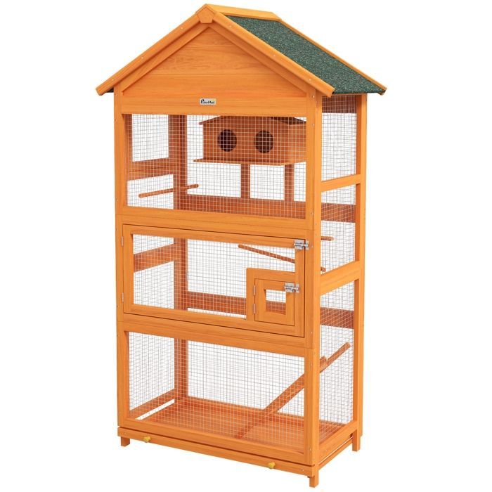 Jaula de madera para pájaros, jaula para loros, zona de juegos, techo de asfalto impermeable, 92 x 52 x 171 cm, naranja