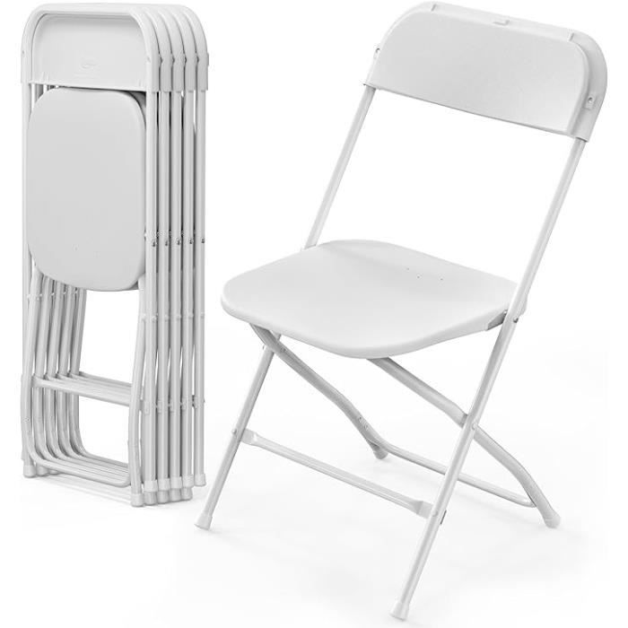Lot de 6 chaises pliantes en plastique blanc, sièges commerciaux empilables portables intérieurs et extérieurs avec cadre en acier