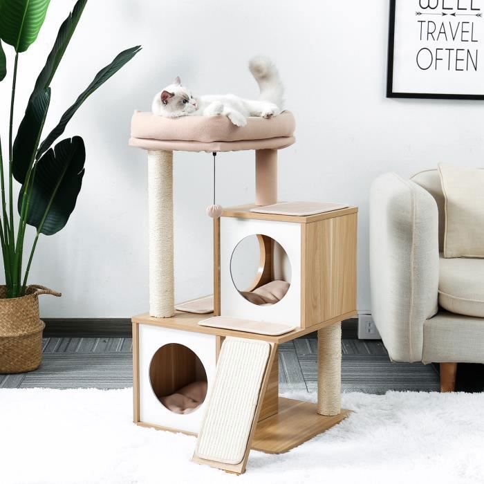 PAWZ Road Modern and Sturdy Wooden Cat Tree, Cat Tree with Scratching Post, Sisal, Hanging Pom-Pom, Basket, 89cm, Beige