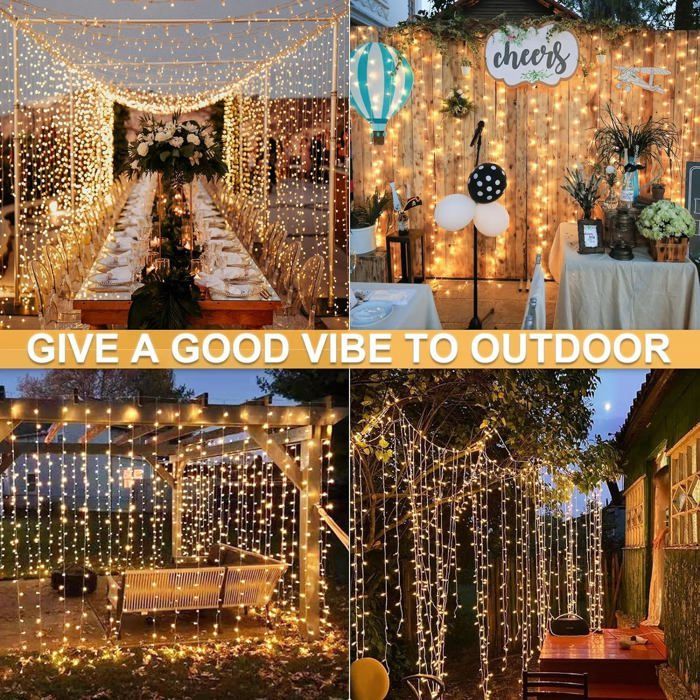 Tenda luminosa solare da esterno, 3 m x 3 m, 300 LED con telecomando, 8 modalità, cascata solare (bianco caldo)