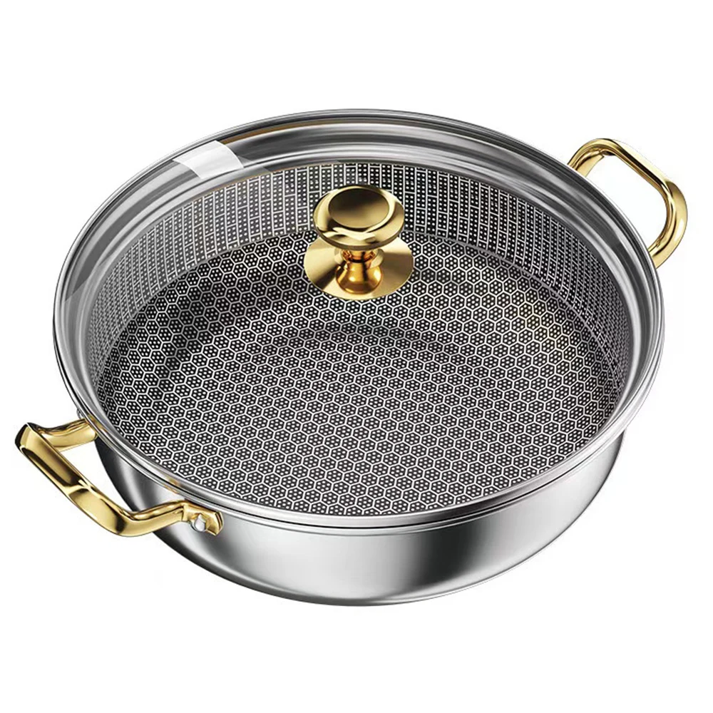 Poêle à frire antiadhésive en acier inoxydable de 30 cm avec couvercle, type wok, revêtement nid d'abeille, compatible avec les plaques à induction et à gaz.