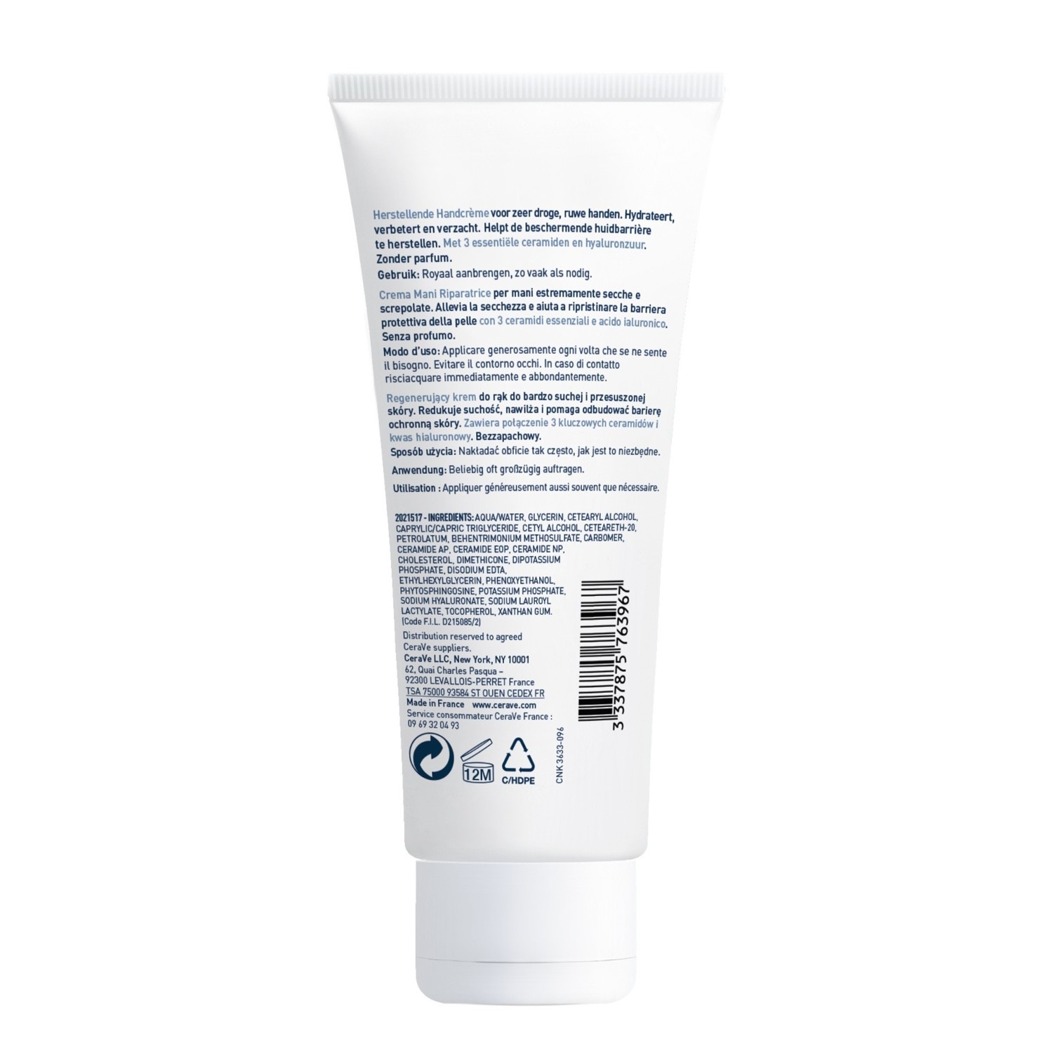CeraVe Crème Mains Réparatrice pour les mains abîmées et les sécheresses sévères 100ml