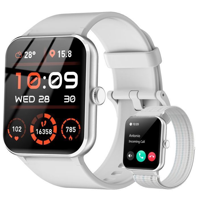 Montre Connectée Femme Homme avec Appel , Fonction Féminine, Tracker d'activité, Fréquence Cardiaque, 100+Cadrans,2 Bracelets Gris