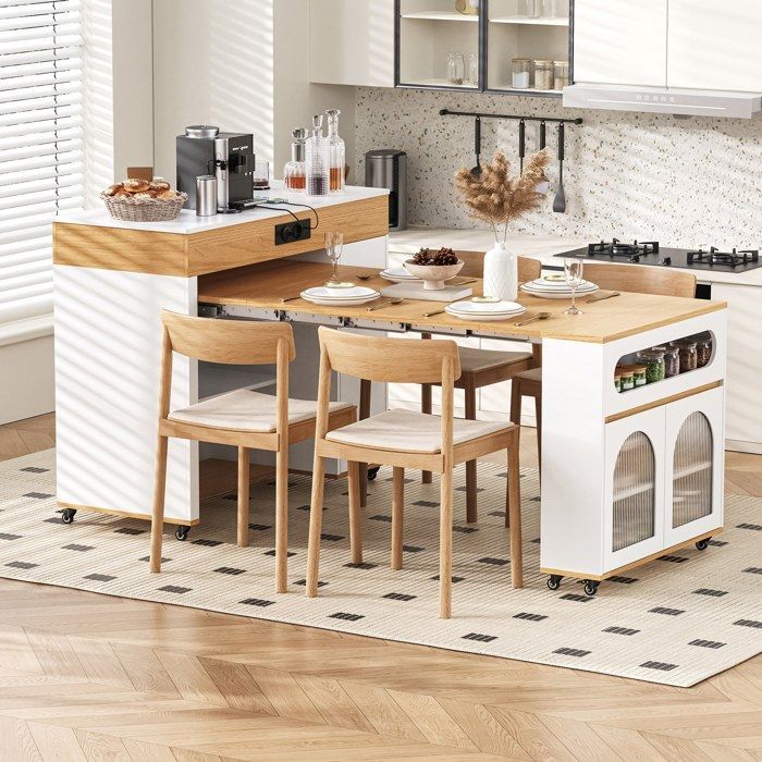 Isla de cocina con ruedas 50-187×110×95 cm. Carrito de cocina con encimera extensible, 4 puertas, 1 cajón y puertos USB.