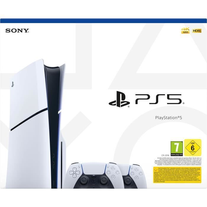 Pack PS5 Standard (avec lecteur CD) : Console PlayStation 5 (Modèle Slim) + 2ème manette DualSense Blanche