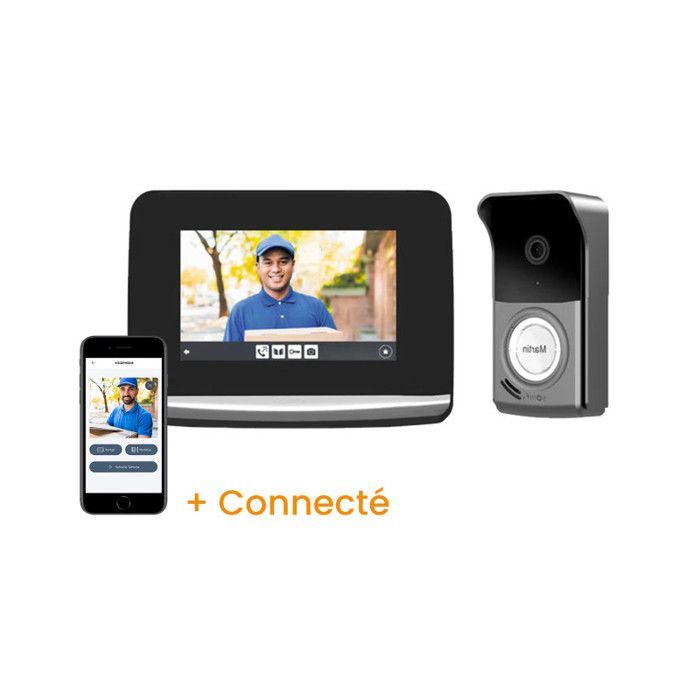 Videoportero conectado Somfy V500 Pro io, de montaje en superficie, alimentado por la red eléctrica, con vídeo HD e interoperabilidad con sistemas de domótica.