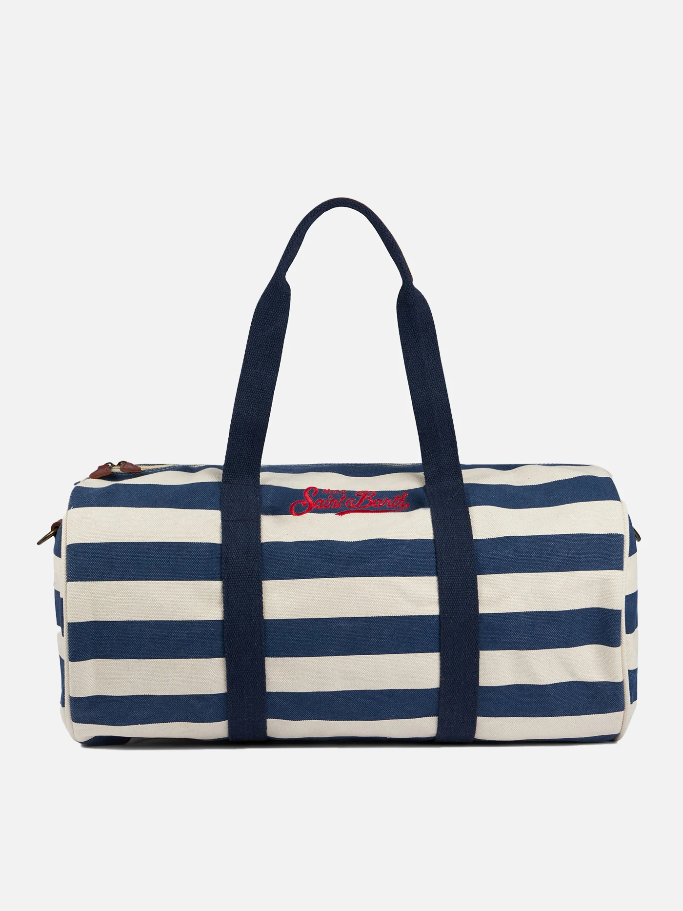 Navy Blue and White Stripes Cotton Travel Duffel Bag with Saint Barth Embroidery | 100% Cotton | MC2 Saint Barth