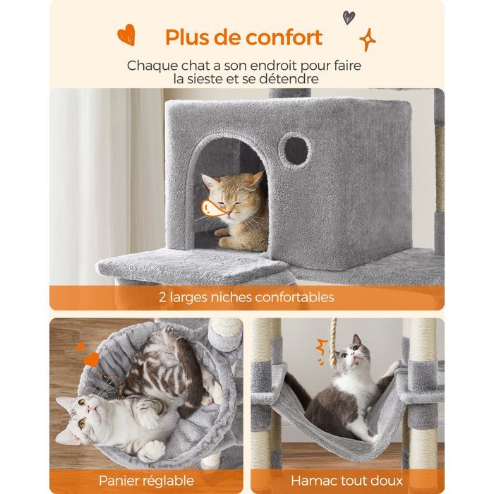 Árbol rascador para gatos, 203,5 cm de altura, con 13 postes rascadores, 2 plataformas, 2 cuevas, árbol rascador multinivel para interiores, gris claro.