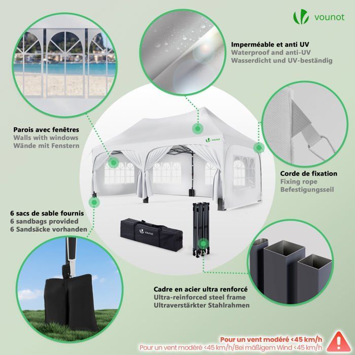 Cenador plegable de jardín VOUNOT® de 3x6 m - Carpa de altura regulable con 6 paneles laterales extraíbles - Impermeable y resistente a los rayos UV - Blanco