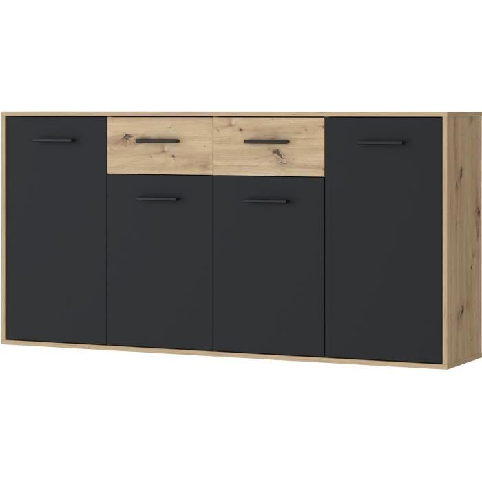 Buffet PILVI - Style contemporain - Particules mélaminé - Décor Chêne et noir - 4 portes + 2 tiroirs - L 162,3 x P 34,2 x H 81,7 cm