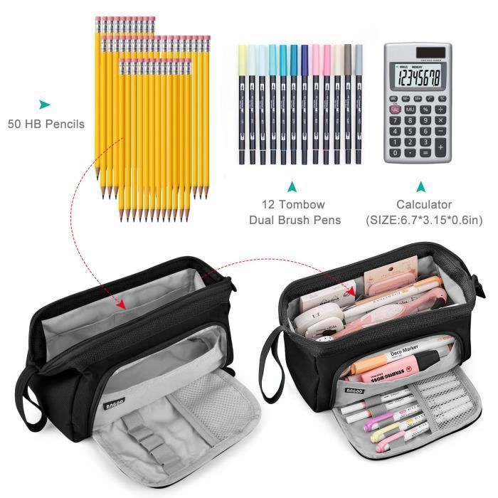 Trousse Scolaire Trousse à Crayons de Grande Capacité Sac à Crayons école Trousse à Maquillage pour Filles Garçons étudiants, Noir