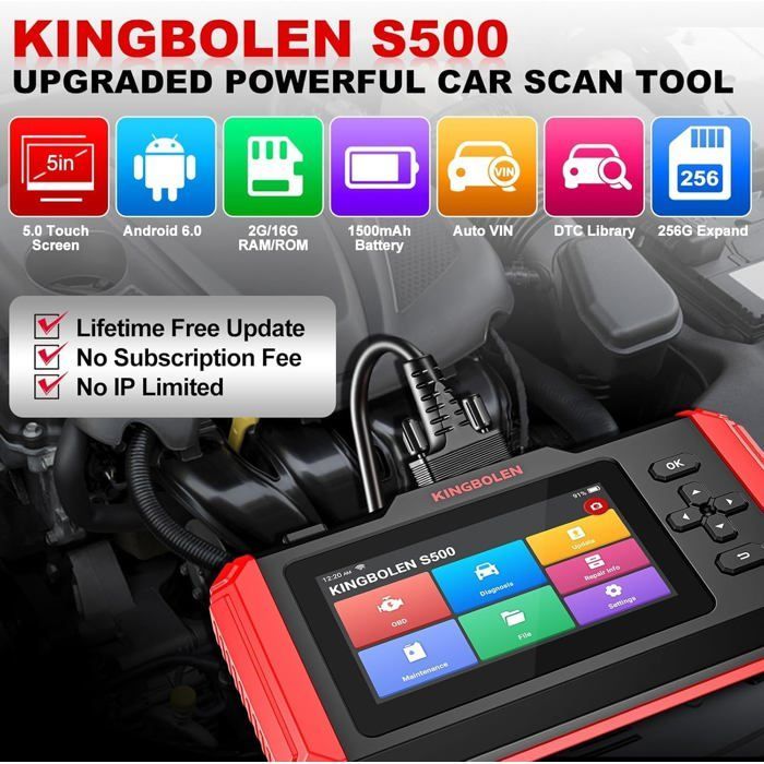 KINGBOLEN S500 Valise Diagnostic Auto pour Moteur/ABS/SRS/Boîte de Vitesses, Outil de Diagnostic OBD2 du 4 Système