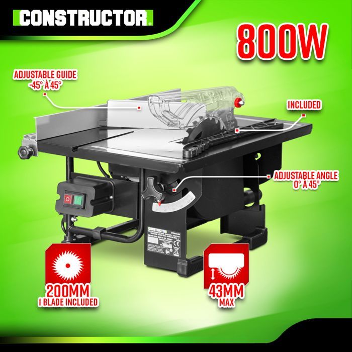 Serra de mesa - CONSTRUCTOR - 800W - Lâmina de 200mm - 24 dentes - Profundidade de corte de 43mm