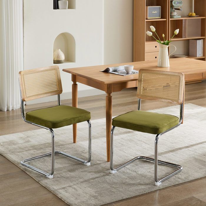 Chaises à manger modernes du milieu du siècle Ensemble de 2, chaises d'accent velours avec dos de canne naturelle et base de chrom