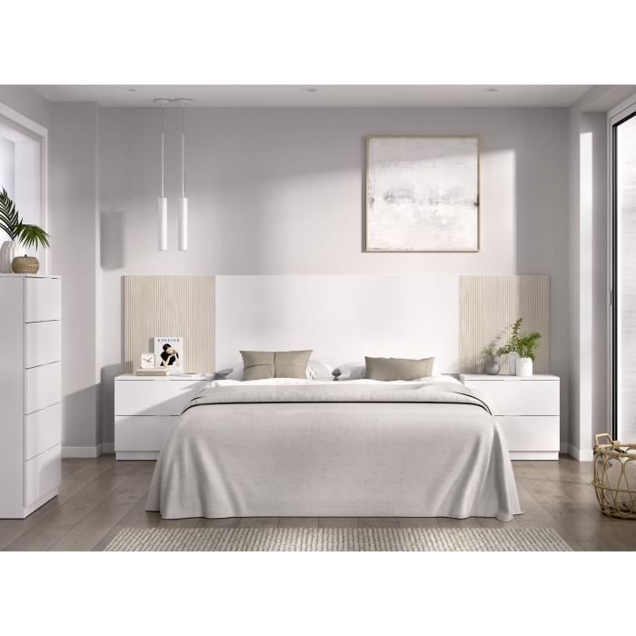 Tête de lit avec chevets intégrés - LOMA - Blanc / Bois - 258,6 x 34,2 x 106 cm