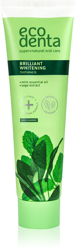 Ecodenta Green Brilliant Whitening, pasta de dentes branqueadora com flúor, que refresca o hálito.