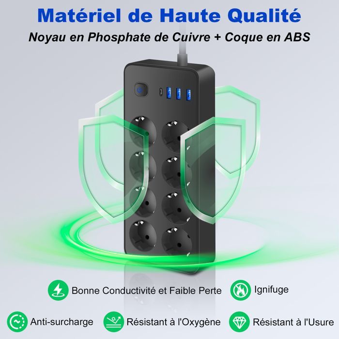 Regleta con interruptor - UPLAYTECK - 12 tomas de corriente - 8 tomas europeas - 3 puertos USB-A - 1 puerto USB-C