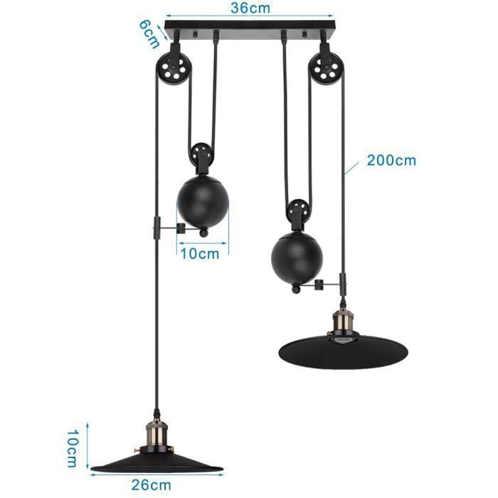 Lámpara de techo colgante UNI de 2 cabezales con polea, color negro, para cocina, sala de estar, dormitorio, cafetería, bar.