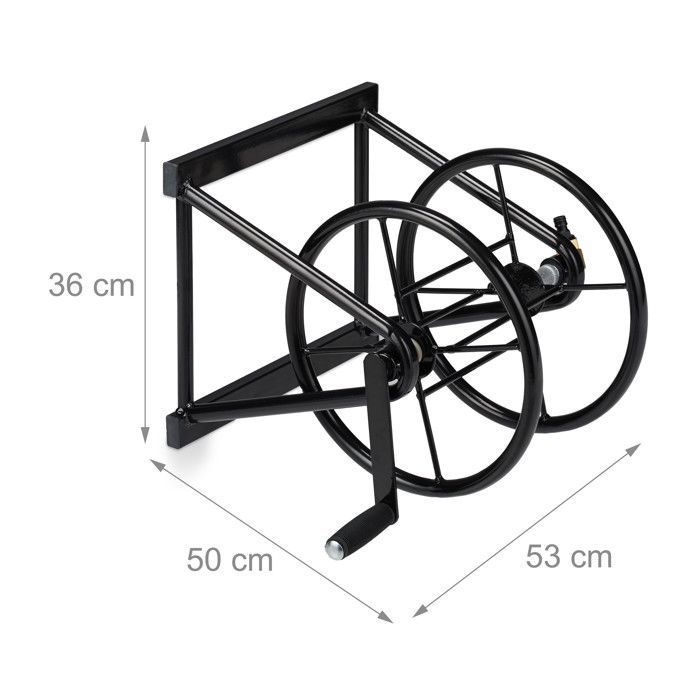 Relaxdays Enrouleur mural de tuyau, Tambour enrouleur tuyau d’arrosage manivelle, 60 m long, en acier,HlP 36x53x50 cm