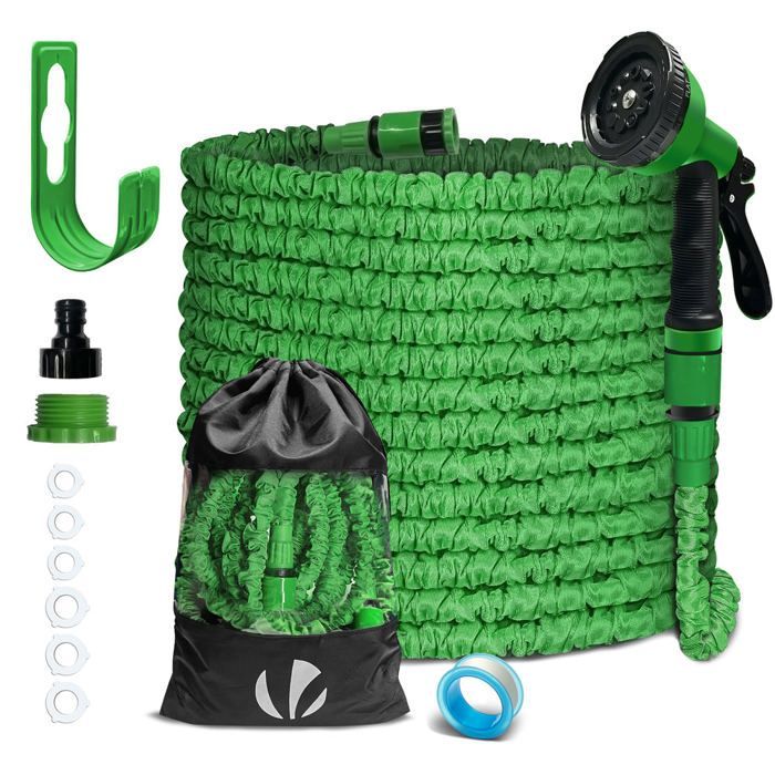 VOUNOT® Tuyau d'arrosage extensible 30m vert - 10 modes de pulvérisation - raccord et sac de rangement inclus - flexible, anti-fuite