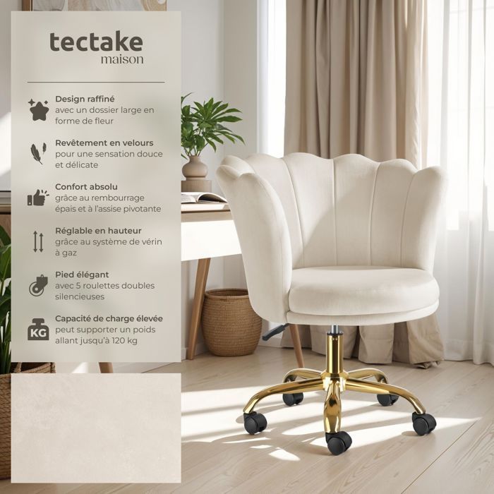 Chair - TECTAKE - STELLA upholstered office chair with flower-shaped backrest and velvet covering, 65 x 64 x 78 cm - Cream/Gold