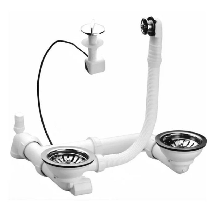 Complete double sink waste kit with 90mm holes, suitable for all materials, automatic cable-operated waste fitting