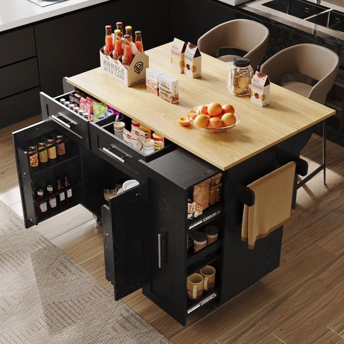 Îlot de Cuisine Mobile avec Plateau Extensible - 2 Niveaux de Rangement - Plateaux Réglables Hauteur - Roulettes Freinées 360°
