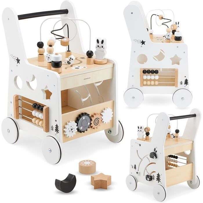Trotteur Bébé Bois  Montessori Mamabrum 6-en-1- Table d'Activité Bois- Boulier, Trieur de Formes, Boucles de Motricité