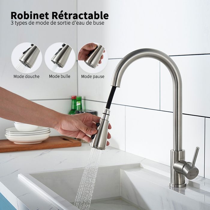 Robinet de Cuisine avec Douchette Extractible 3 Jets Mitigeur Cuisine Brossé en Acier Inox Robinet Mitigeur d'Évier Rotatif à 360°
