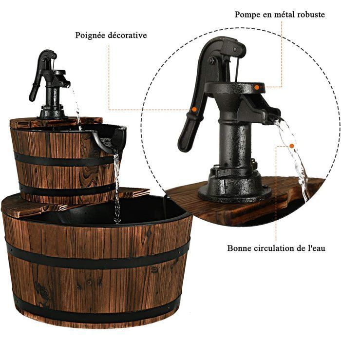 Fuente de jardín de madera COSTWAY con bomba, 2 niveles, flujo de agua ajustable, capacidad de 19 litros, estilo rústico decorativo en cascada.