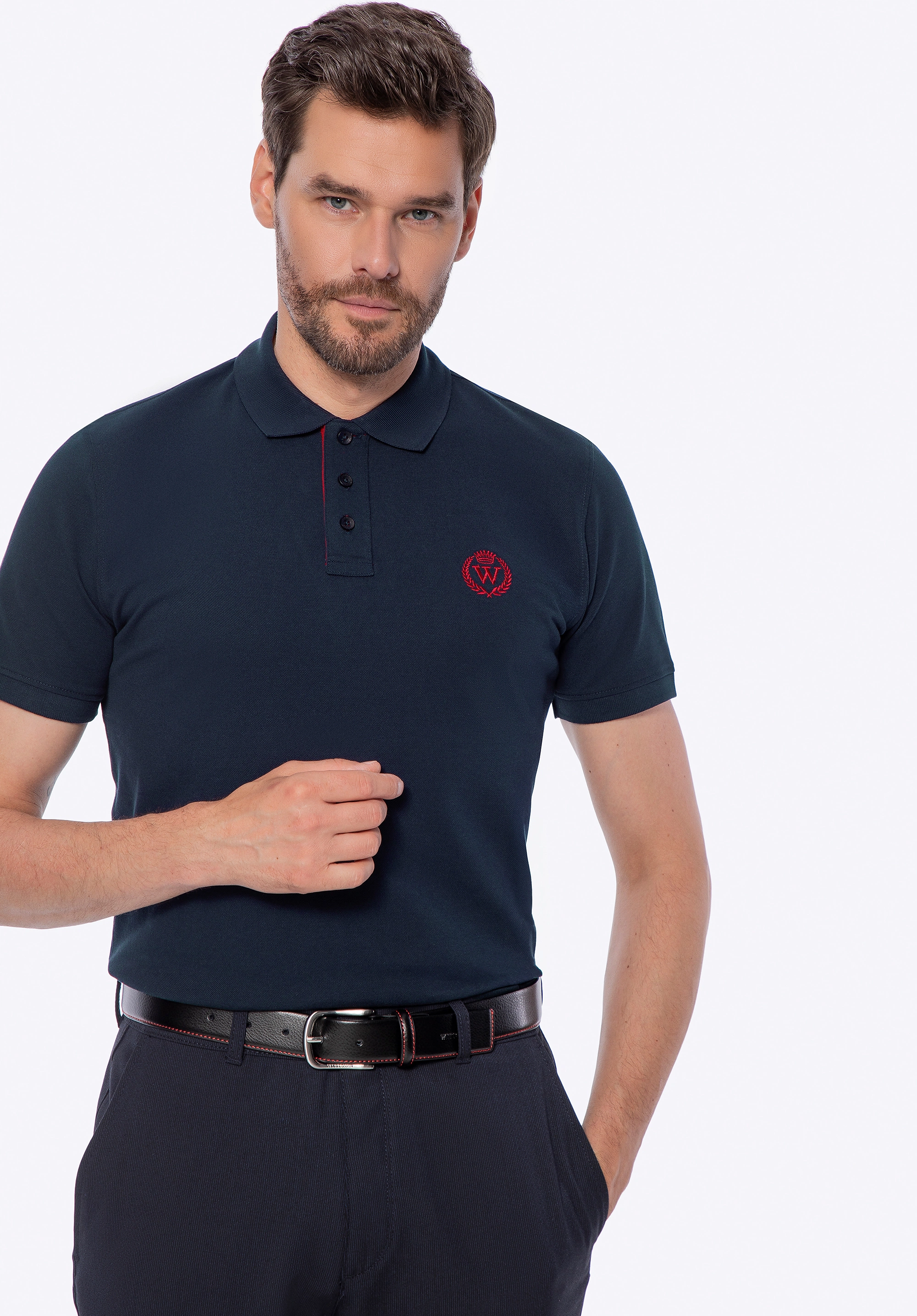 Koszulka polo męska bawełniana z kolorowym logo granatowa