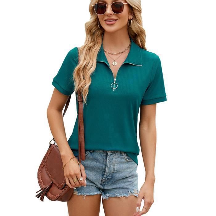 T-Shirt Femme Manches Courtes Col Zippé Casual Mode Tee Shirt Lâche Ete Couleur Unie Tissu Confortable - Taille EU - Vert
