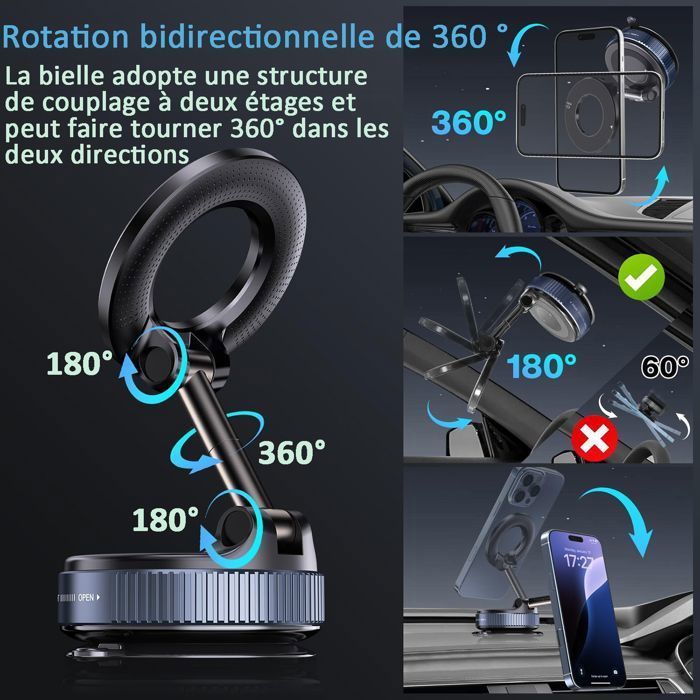 Support Téléphone Voiture - KINGCENTON 2025 - Magnetique - Aspiration sous vide - Pliable - Compatible Magsafe