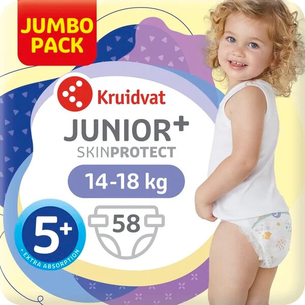 Kruidvat 5+ Junior Plus plienky Jumbo balenie<br>veľkosť 5+ (11-18 kg), 58 kusov