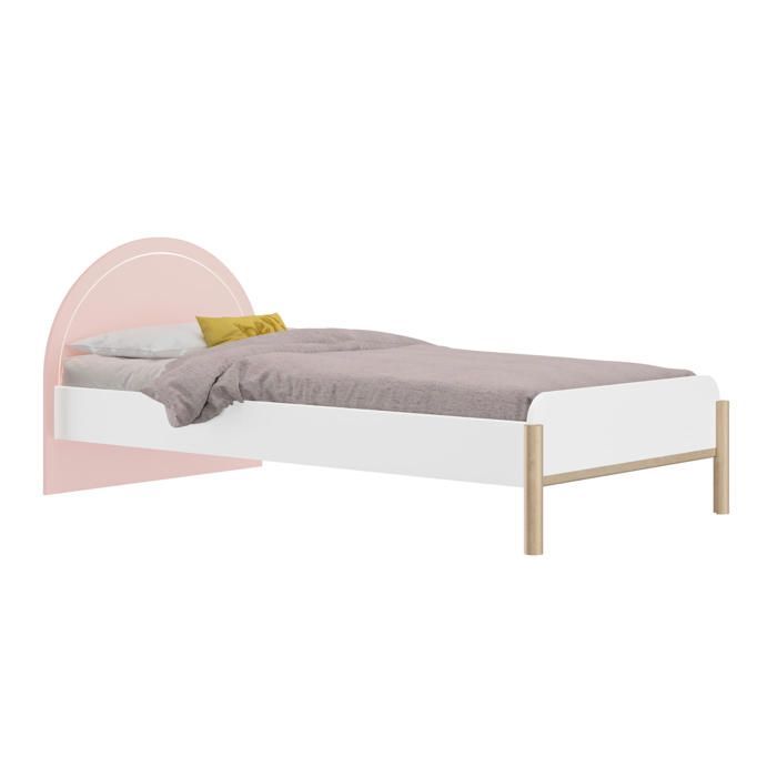 Cama de 90 cm x 200 cm con efecto madera, iluminación LED y cabecero rosa.