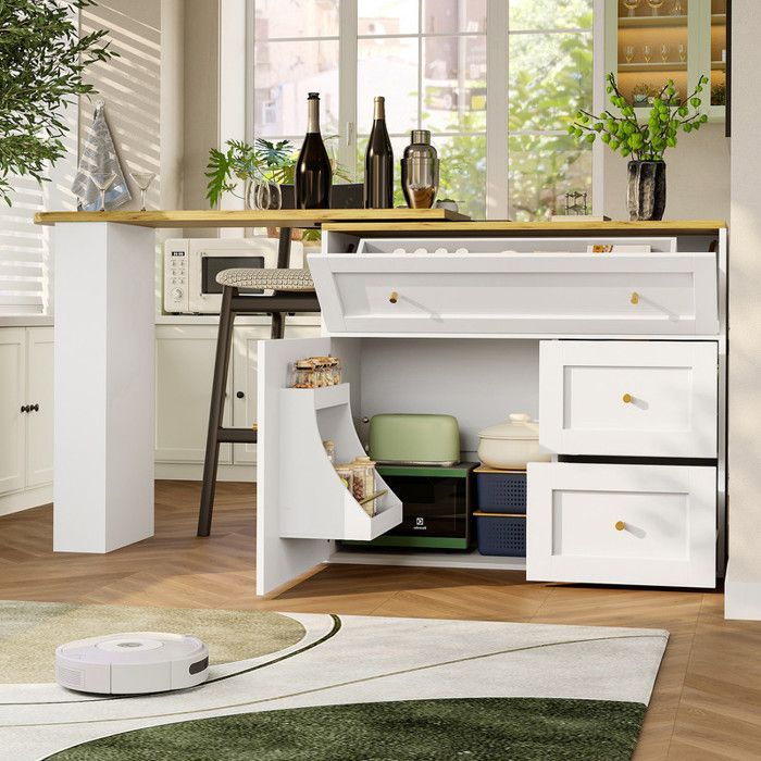Buffet bas 138-204 × 39 × 105 cm avec table de bar extensible, Buffet de cuisine avec étagère à snacks, Buffet salon en blanc