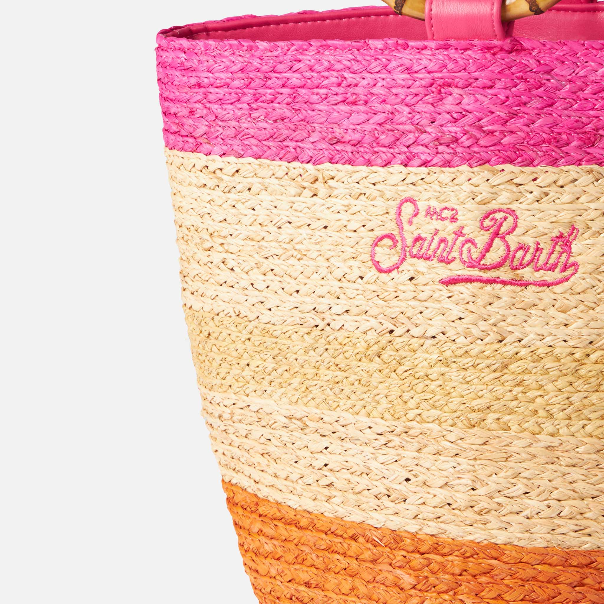 Veelkleurige raffia emmertas met bamboe handvatten