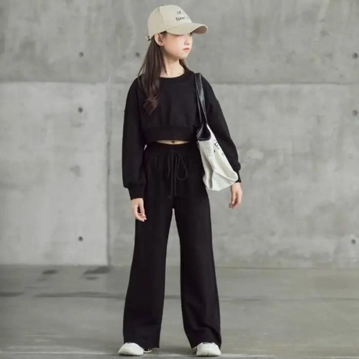 Pigernes 2-delte sportssæt: Crop Top + Bukser med vide ben, Sort