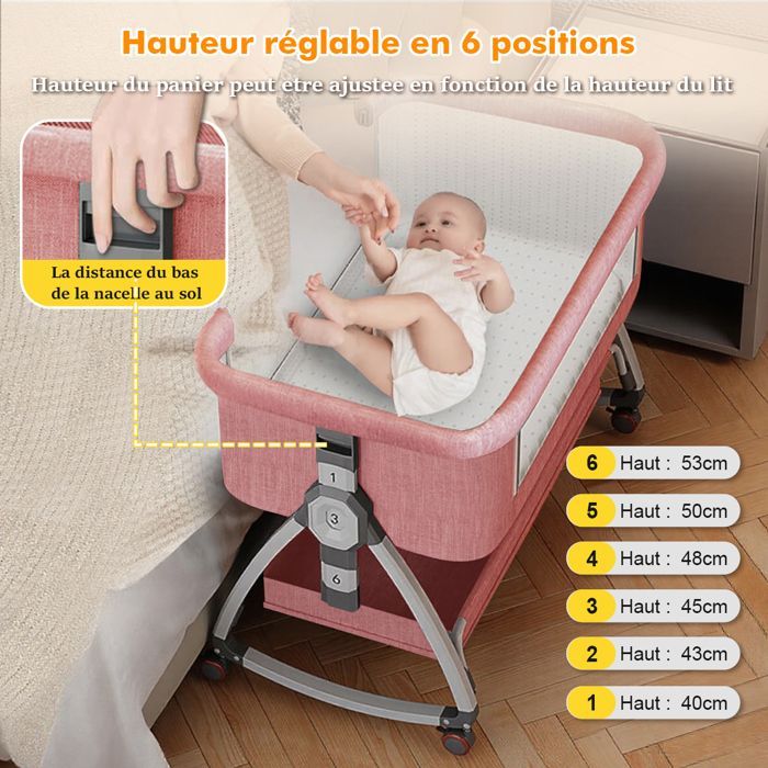 Berço para dormir junto com o bebê, com colchão, cesto de armazenamento, alça fixa, 6 alturas ajustáveis, para bebês de 0 a 18 meses - Rosa
